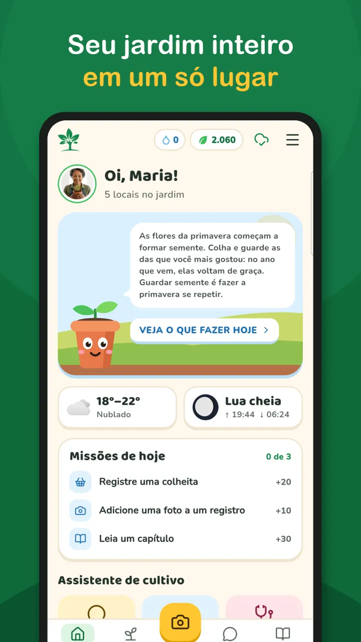 Tela inicial do app Cultivar: recado do Broto, clima, lua e missões do dia