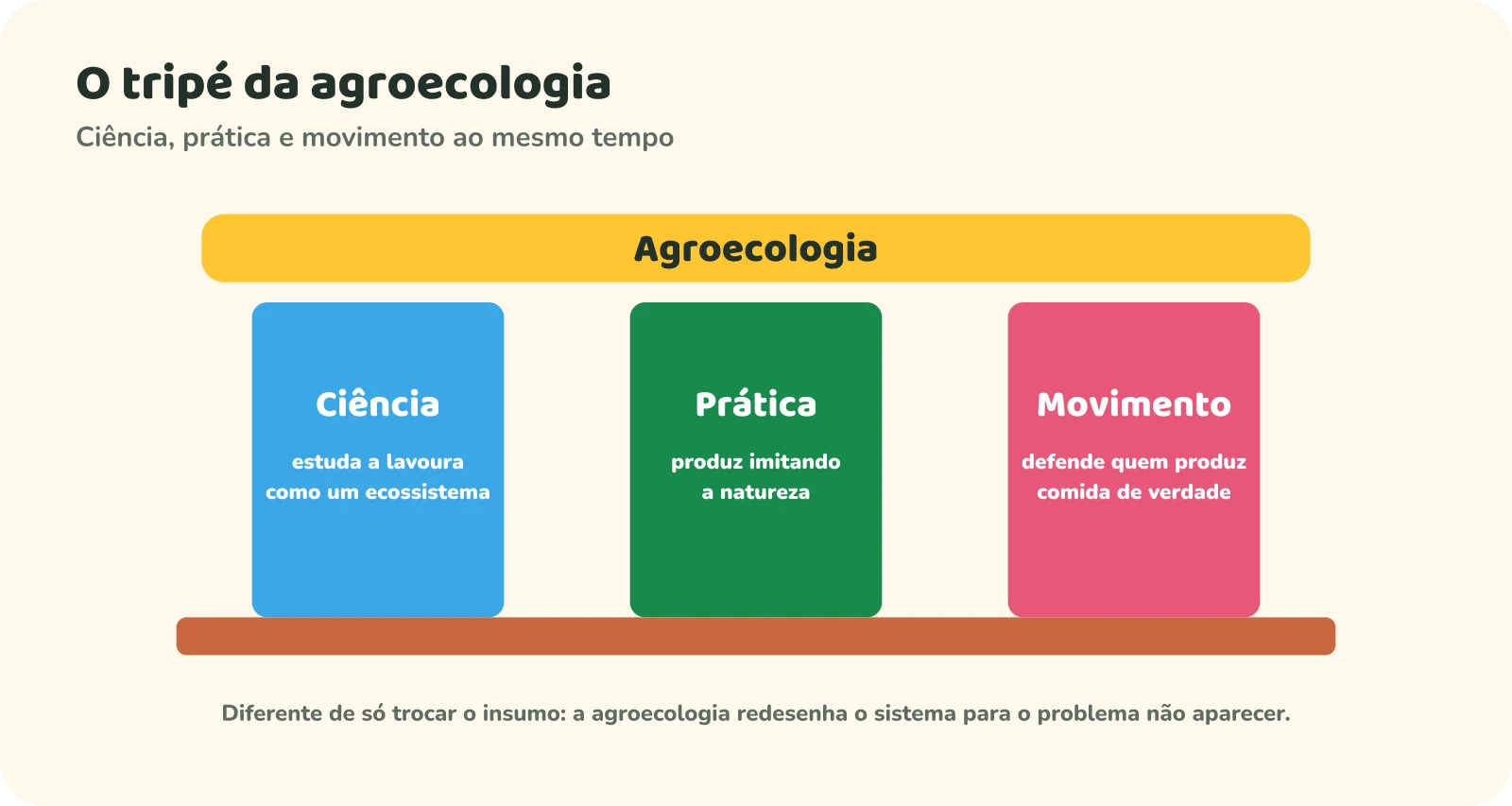 O tripé da agroecologia: três pilares sustentando a palavra agroecologia. Ciência, que estuda a lavoura como um ecossistema; prática, que produz imitando a natureza; e movimento, que defende quem produz comida de verdade.