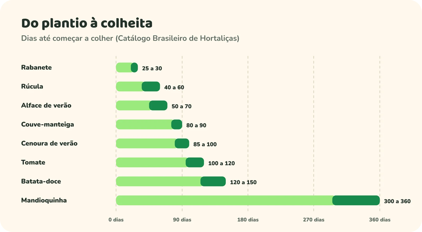 Gráfico de barras com os dias até começar a colher: rabanete, 25 a 30; rúcula, 40 a 60; alface de verão, 50 a 70; couve-manteiga, 80 a 90; cenoura de verão, 85 a 100; tomate, 100 a 120; batata-doce, 120 a 150; mandioquinha, 300 a 360.