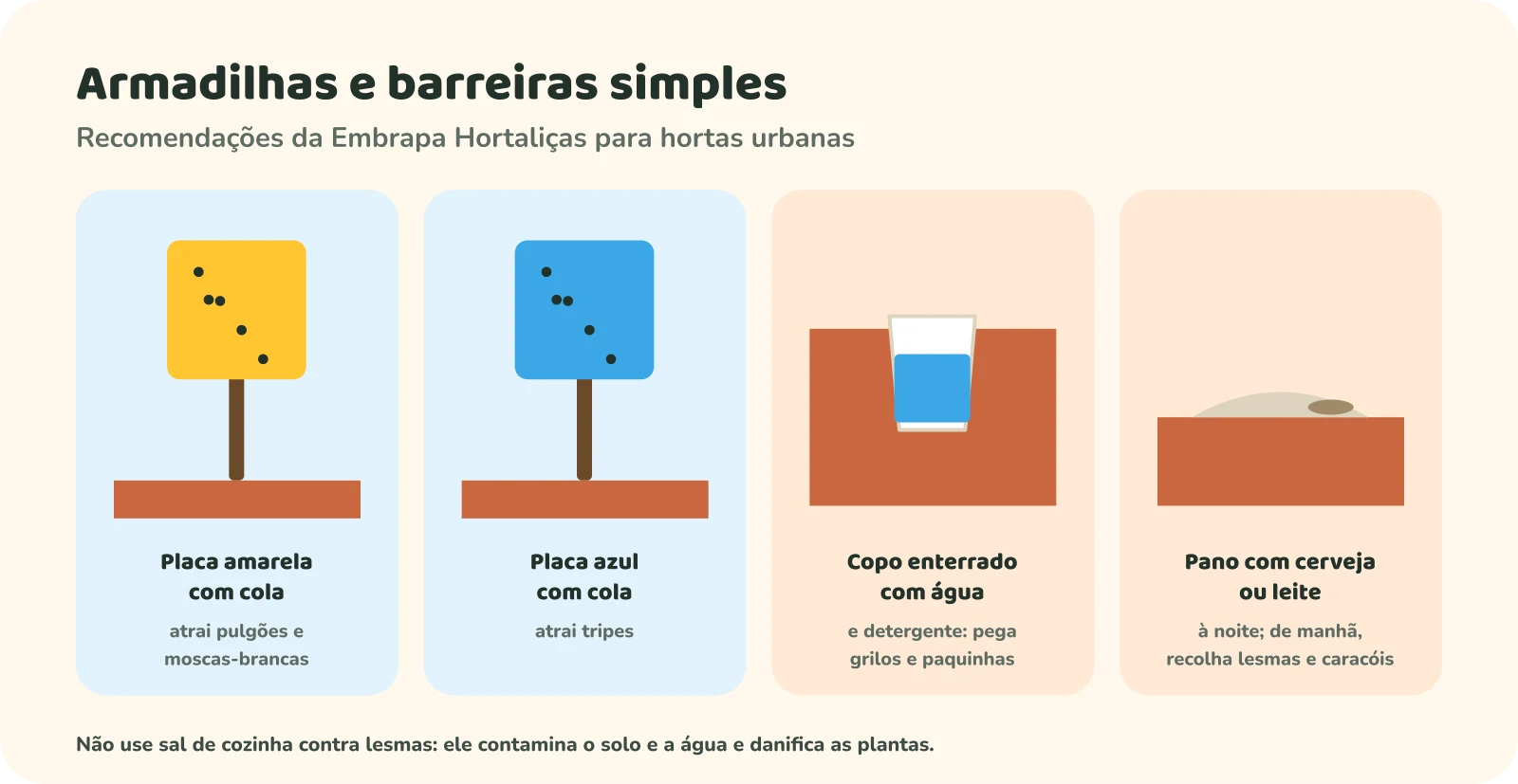 Quatro armadilhas. Placa amarela com cola: atrai pulgões e moscas-brancas. Placa azul com cola: atrai tripes. Copo enterrado com água e detergente: pega grilos e paquinhas. Pano com cerveja ou leite: posto à noite, de manhã é virado para recolher lesmas e caracóis. Nota: não use sal de cozinha contra lesmas, ele contamina o solo e a água e danifica as plantas.