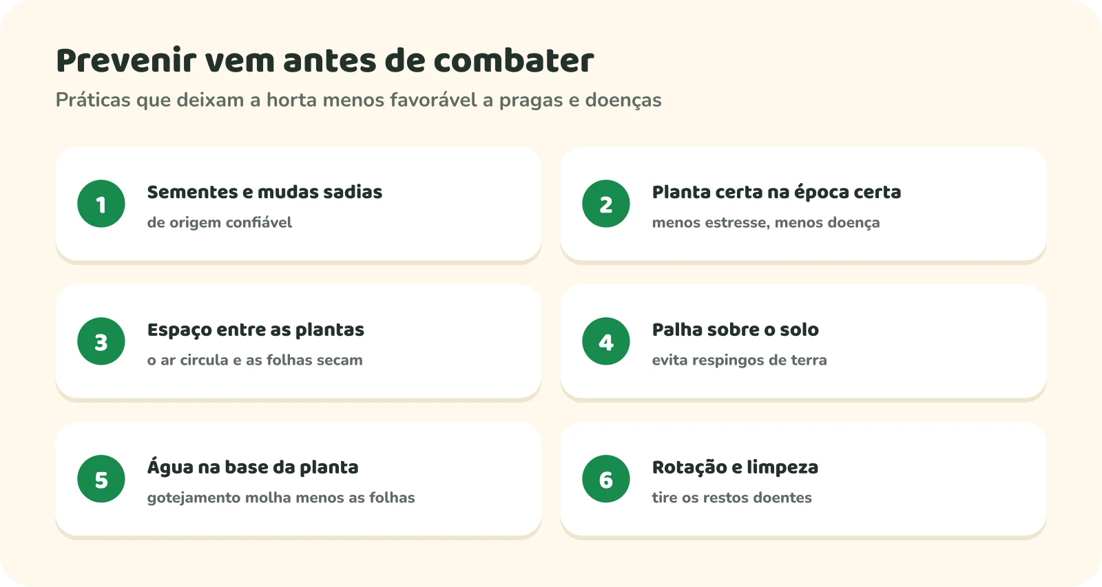 Seis cartões numerados: 1, sementes e mudas sadias, de origem confiável; 2, planta certa na época certa; 3, espaço entre as plantas, para o ar circular e as folhas secarem; 4, palha sobre o solo, que evita respingos de terra; 5, água na base da planta, já que o gotejamento molha menos as folhas; 6, rotação e limpeza, tirando os restos doentes.
