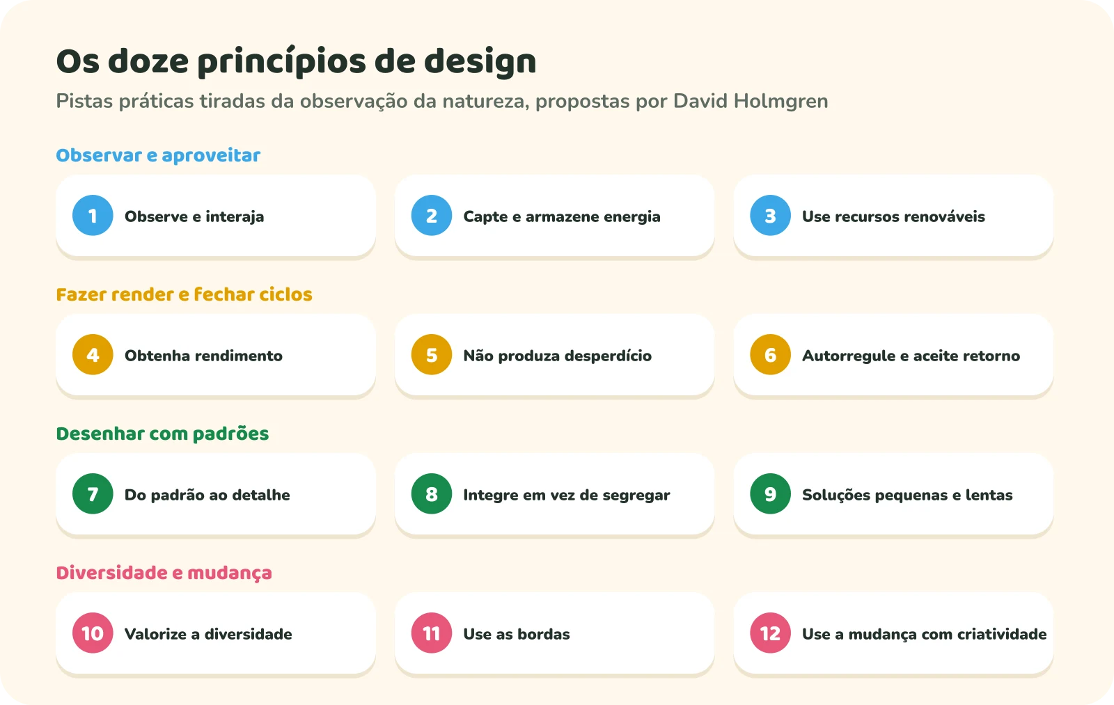 Os doze princípios de design da permacultura em quatro grupos. Observar e aproveitar: observe e interaja; capte e armazene energia; use recursos renováveis. Fazer render e fechar ciclos: obtenha rendimento; não produza desperdício; autorregule e aceite retorno. Desenhar com padrões: do padrão ao detalhe; integre em vez de segregar; soluções pequenas e lentas. Diversidade e mudança: valorize a diversidade; use as bordas; use a mudança com criatividade.