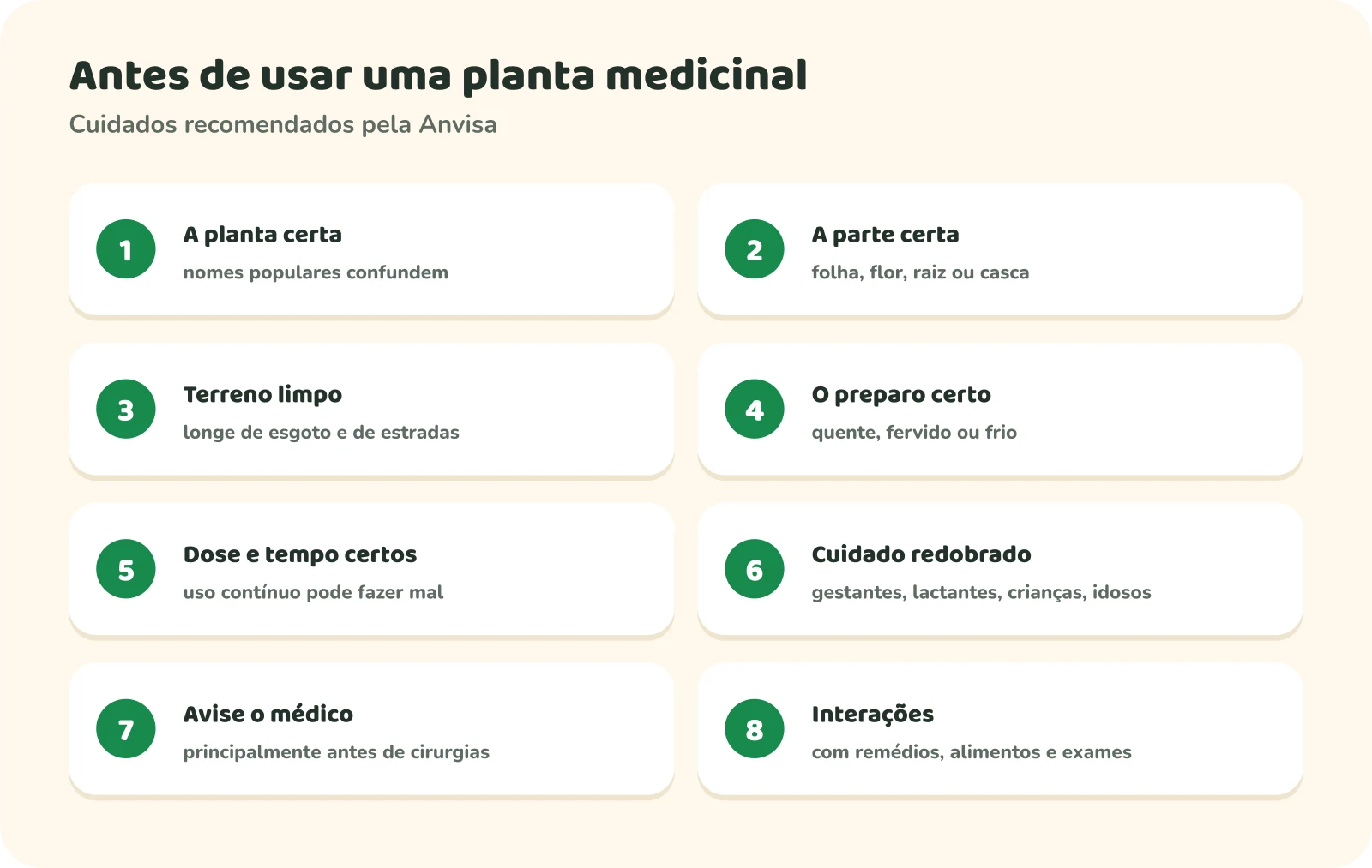 Oito cuidados numerados: 1, a planta certa, porque nomes populares confundem; 2, a parte certa: folha, flor, raiz ou casca; 3, terreno limpo, longe de esgoto e de estradas; 4, o preparo certo: quente, fervido ou frio; 5, dose e tempo certos, já que o uso contínuo pode fazer mal; 6, cuidado redobrado com gestantes, lactantes, crianças e idosos; 7, avise o médico, principalmente antes de cirurgias; 8, interações com remédios, alimentos e exames.