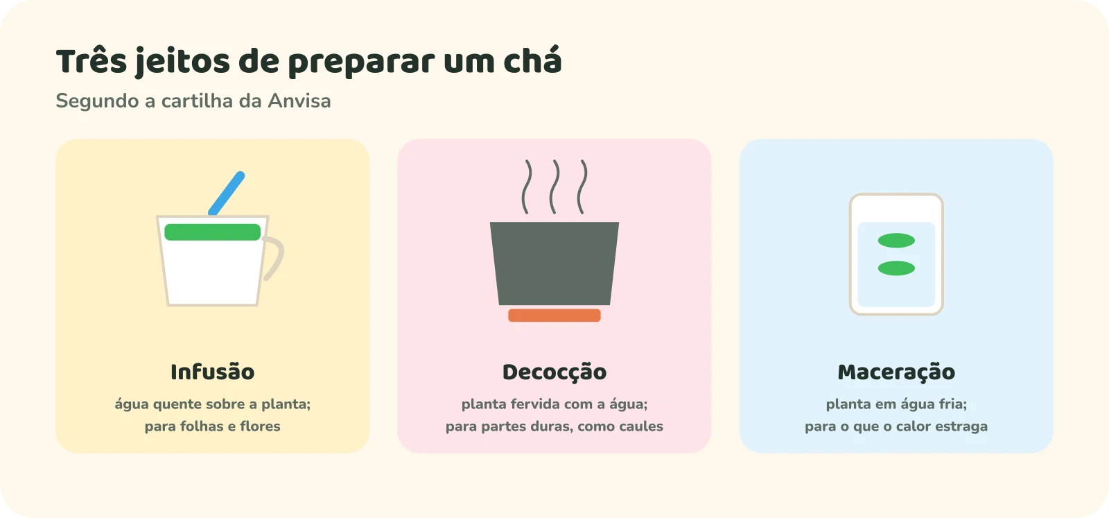 Três quadros. Infusão: água quente sobre a planta, para folhas e flores. Decocção: planta fervida com a água, para partes duras, como caules. Maceração: planta em água fria, para o que o calor estraga.