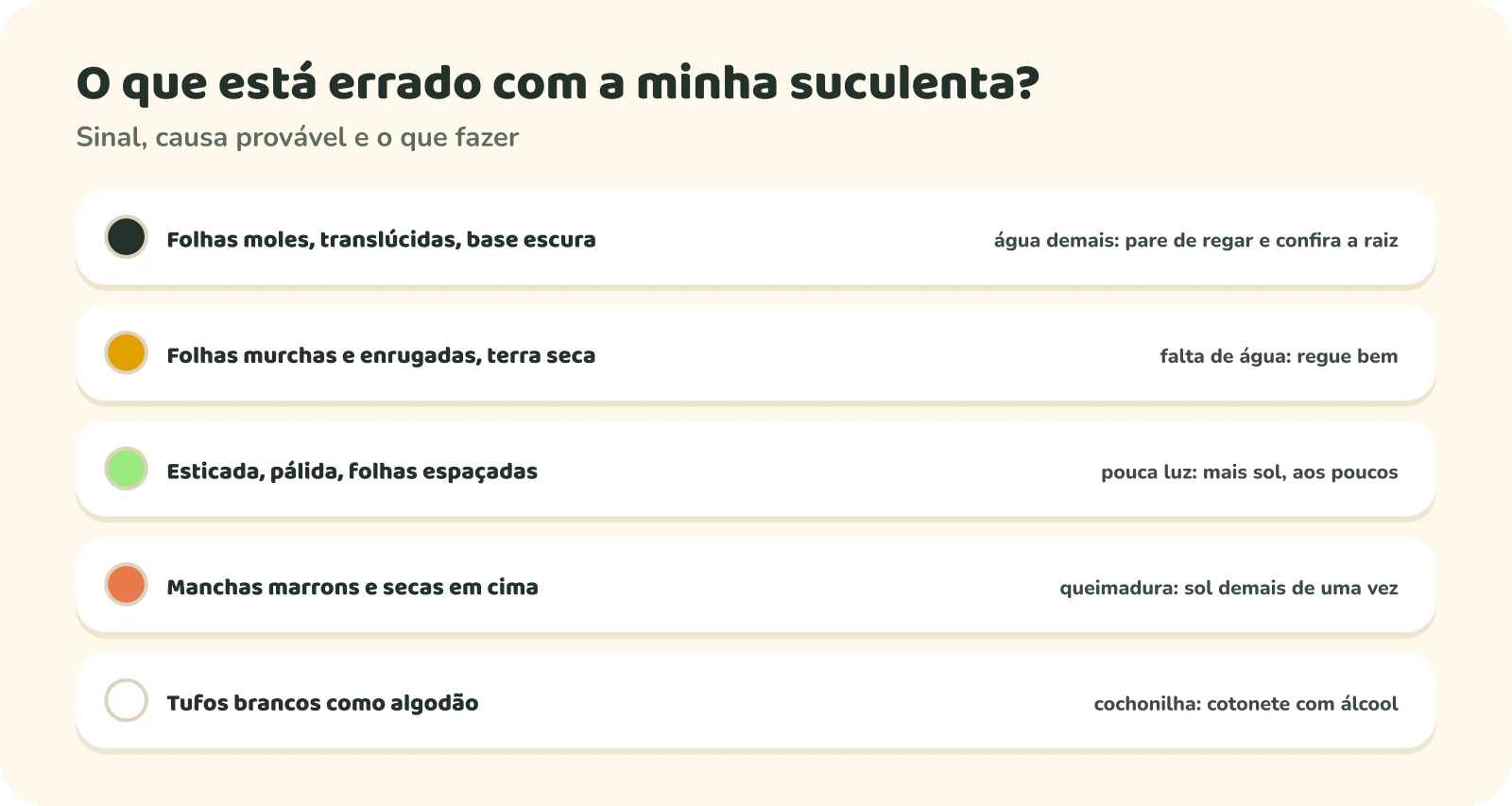 Tabela de problemas. Folhas moles e base escura: água demais, pare de regar e confira a raiz. Folhas murchas e enrugadas com a terra seca: falta de água, regue bem. Planta esticada, pálida e com folhas espaçadas: pouca luz, mais sol aos poucos. Manchas marrons e secas nas folhas de cima: queimadura por sol demais de uma vez. Tufos brancos como algodão: cochonilha, cotonete com álcool.